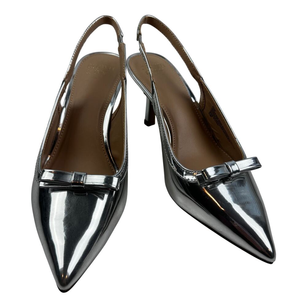 Crown & Ivy Remi Metallic Silver Bow Kitten Slingback Heels Women's Size 9.5